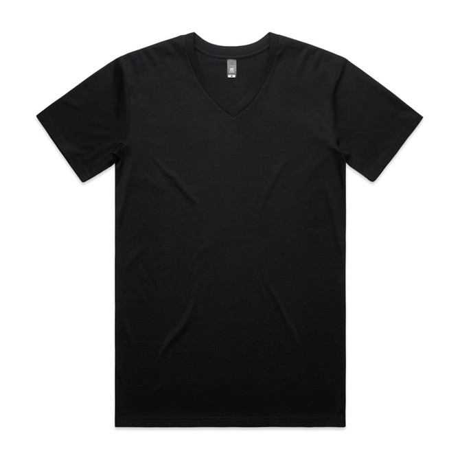 A black V-neck T-shirt with short sleeves and a simple design. It features a logo on the label.