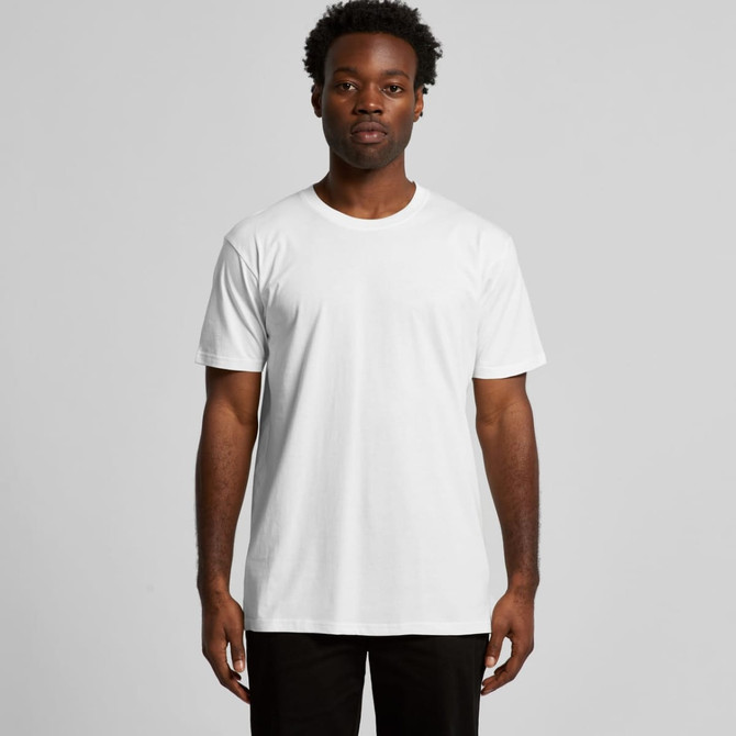 A white organic T-shirt on a model, featuring a plain design and short sleeves. The shirt has a logo.