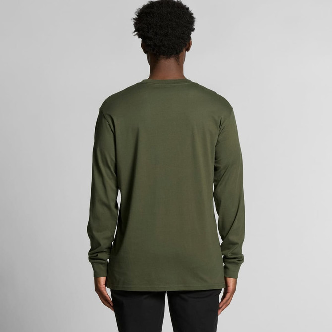 A long-sleeve t-shirt in olive green with a plain back and a logo on the lower side.