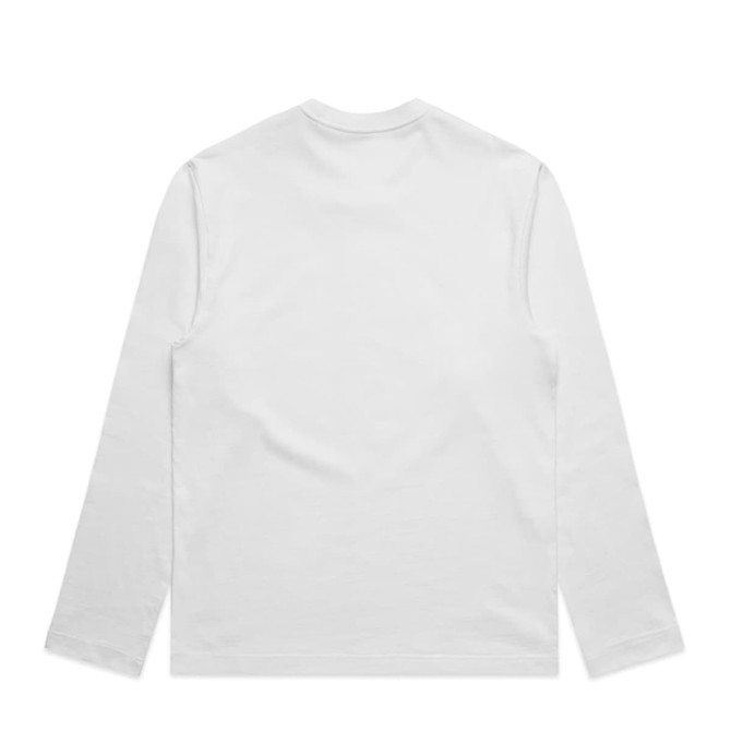 A white long-sleeve t-shirt with a plain back view and a logo on the label.