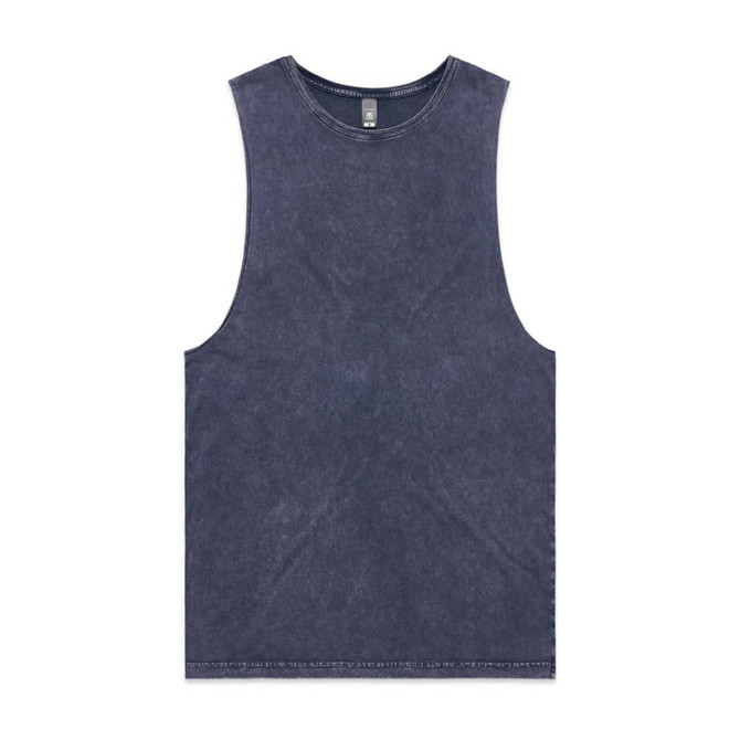 A stone wash navy tank top with a sleeveless design and contrast stitching. It features a brand logo.