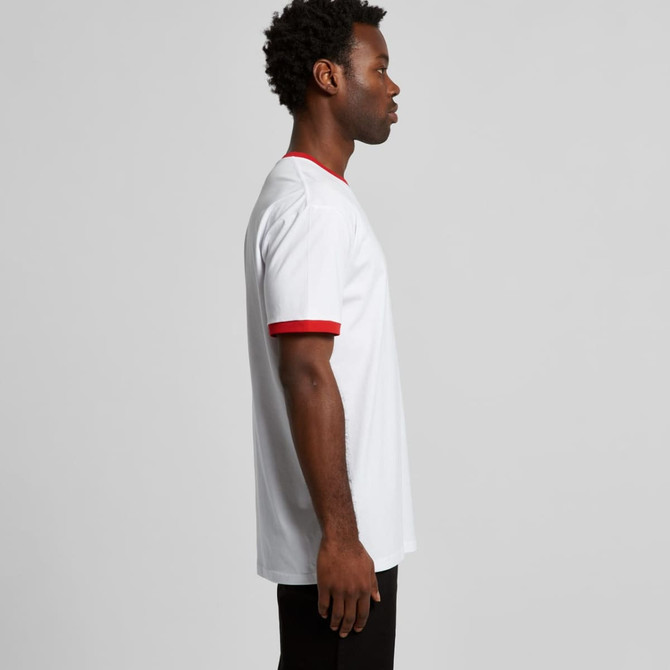 A white T-shirt with red sleeves and a casual fit, displayed on a model from the side. The shirt has a logo.