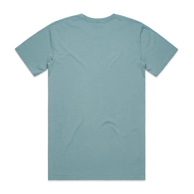A faded teal t-shirt displayed from the back, featuring a simple design and a small logo.