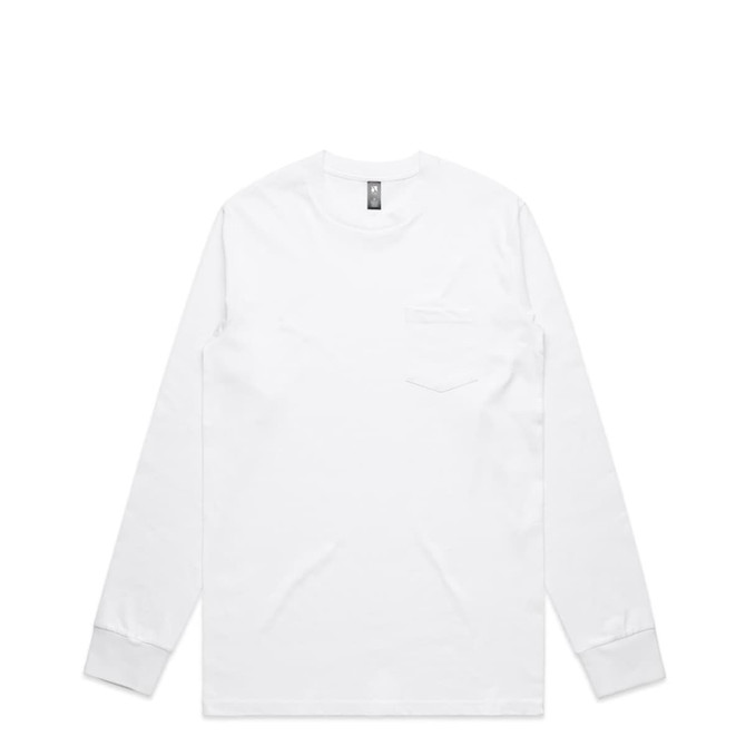 A white long-sleeve T-shirt with a pocket and a logo on the tag.