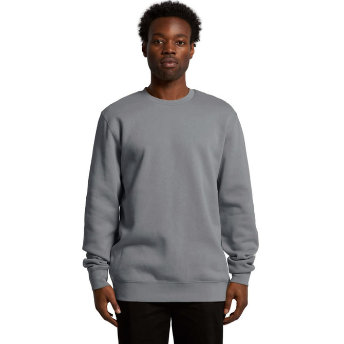A grey hoodie is displayed on a male model, featuring a classic crew neck and long sleeves, with a logo present.