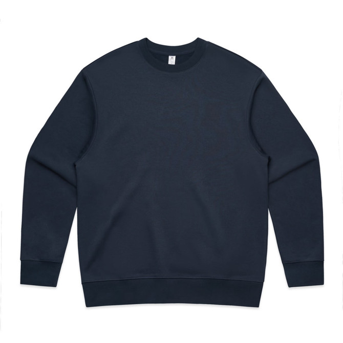 A navy blue sweatshirt with a classic crew neck and ribbed cuffs, featuring a logo on the tag.