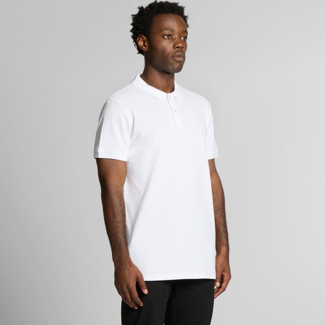 A white Pique Polo shirt displayed on a model with short sleeves and a collar, featuring a logo.