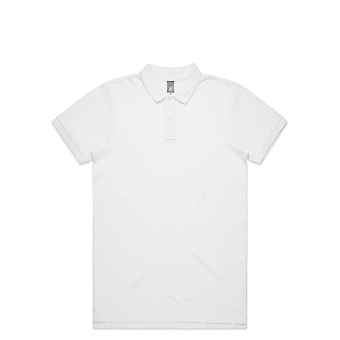 A white polo shirt with a collar and short sleeves, featuring a logo on the chest.