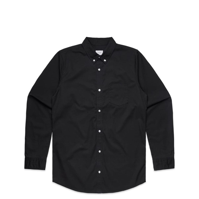 A button-up shirt in black with long sleeves and a single chest pocket, featuring a logo.