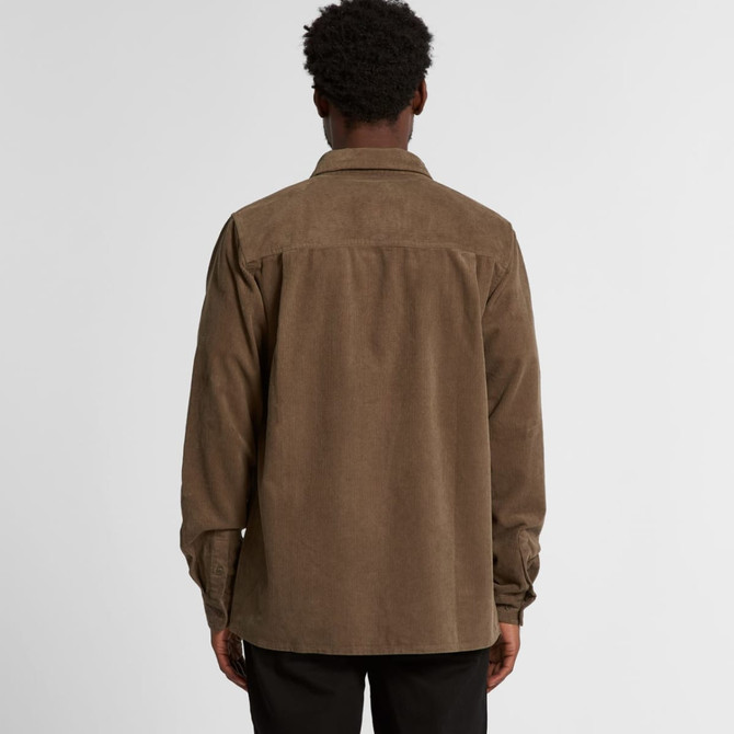 A cord shirt in brown, featuring a button-up design and a logo on the back.