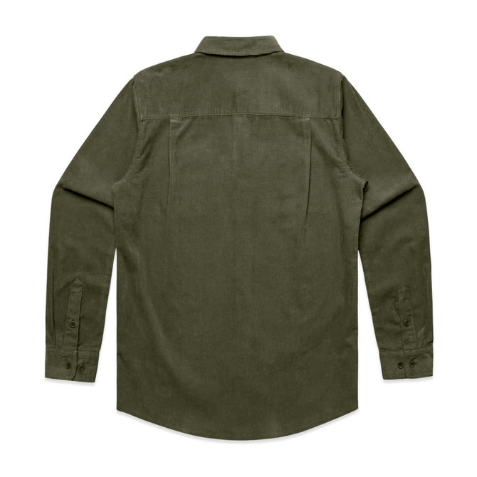 A dark green cord shirt featuring long sleeves and a back yoke design, with button-down details and a logo.