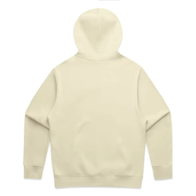 A beige hoodie with a large hood and long sleeves, featuring a plain back design and a small logo.