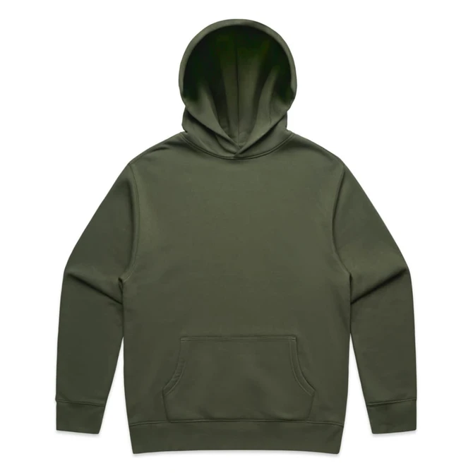 An olive green hoodie with a front pocket and a large hood, featuring a small logo.