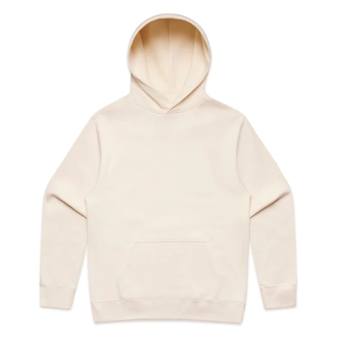 A cream-coloured hoodie featuring a front pocket and a hood. The hoodie includes a logo.