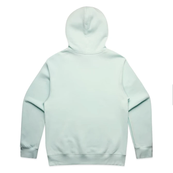 A light mint green hoodie with a kangaroo pocket and a hood at the back, featuring a logo.