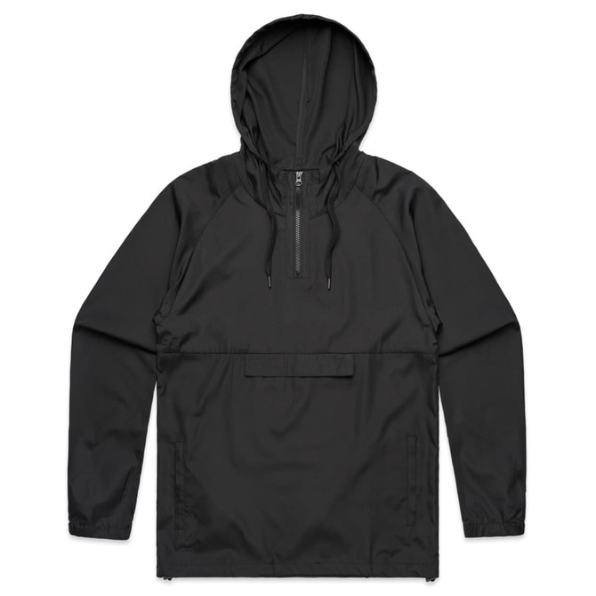A black windbreaker jacket with a hood and a front pocket, featuring a logo on the chest area.