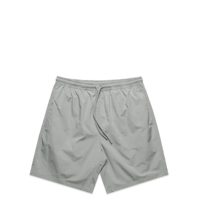 Active training shorts in a light grey colour with an elastic waistband and drawstring, featuring a logo.