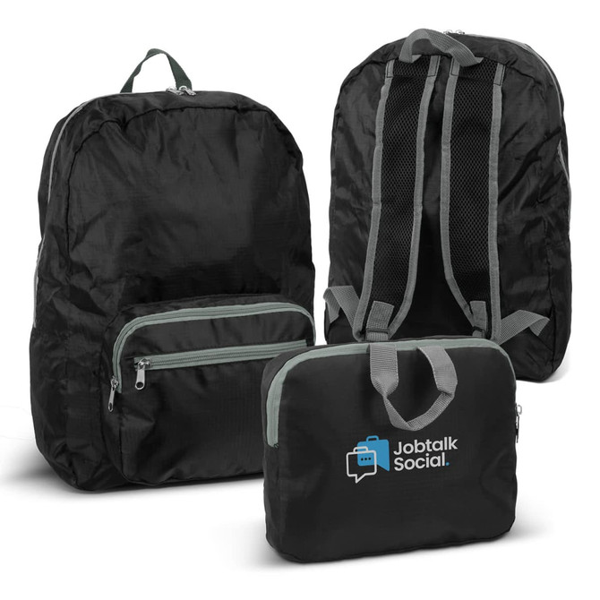 A foldable backpack in black with grey accents, featuring a main compartment, front pocket, and adjustable straps.