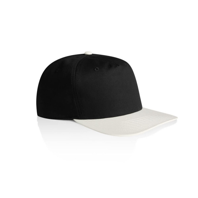 A black two-tone cap with a light-coloured peak and a logo on the side.