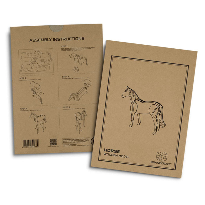 A cardboard packaging for the BRANDCRAFT Horse Wooden Model, featuring assembly instructions and drawings of a horse.