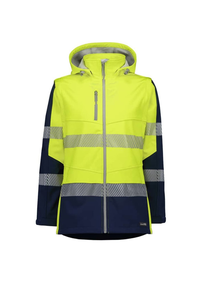 A high visibility women's softshell jacket in bright yellow and navy, featuring reflective stripes and a hood.