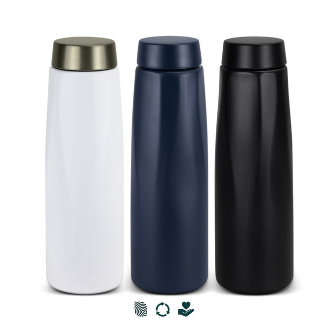 A drink bottle trio featuring a white bottle with a metallic lid, a navy bottle, and a matte black bottle. Each has a sleek design and branding.