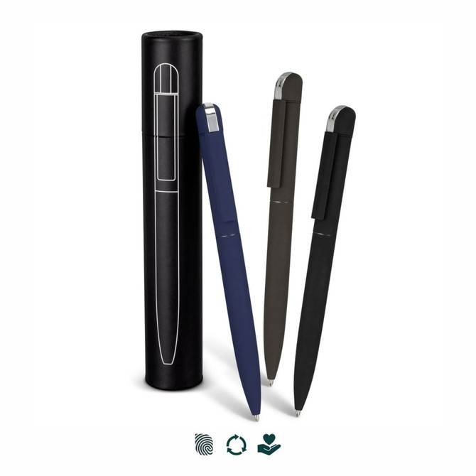 Three metal pens in navy, dark grey, and black, displayed beside a cylindrical black container.