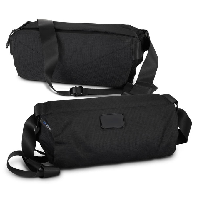 A black sling bag featuring an adjustable strap and a sleek design, with a logo on the side.