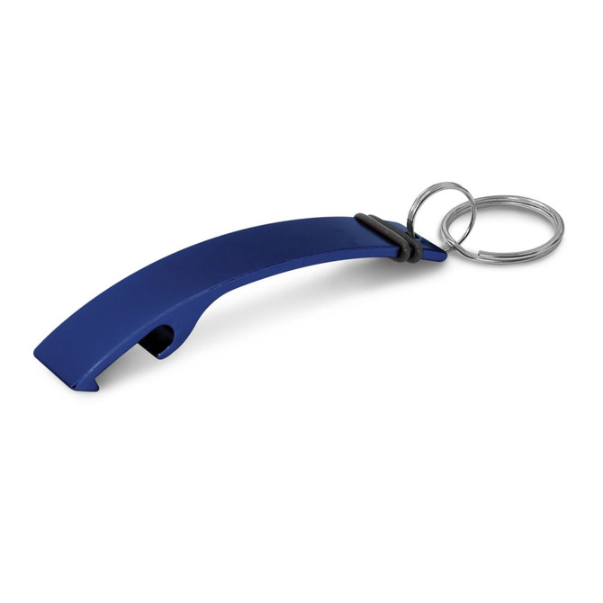 A drink bottle opener key ring in a sleek blue colour, featuring a silver metal key ring attachment.