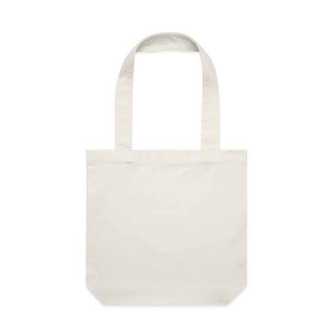 A neutral-coloured tote bag with two long handles, featuring a minimalist design and a logo on the front.
