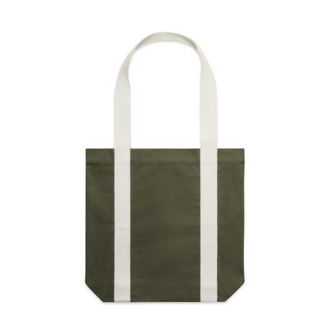 A two-tone tote bag featuring an olive green body and cream handles, with a logo on the side.