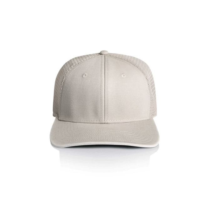 A light grey trucker cap with a structured front and mesh back, featuring a logo on the front.