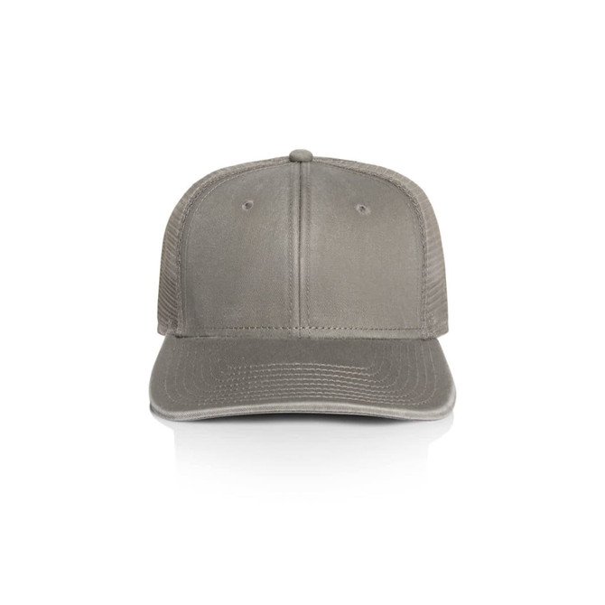 A grey trucker cap featuring a solid front panel and mesh back, with a logo on the front.