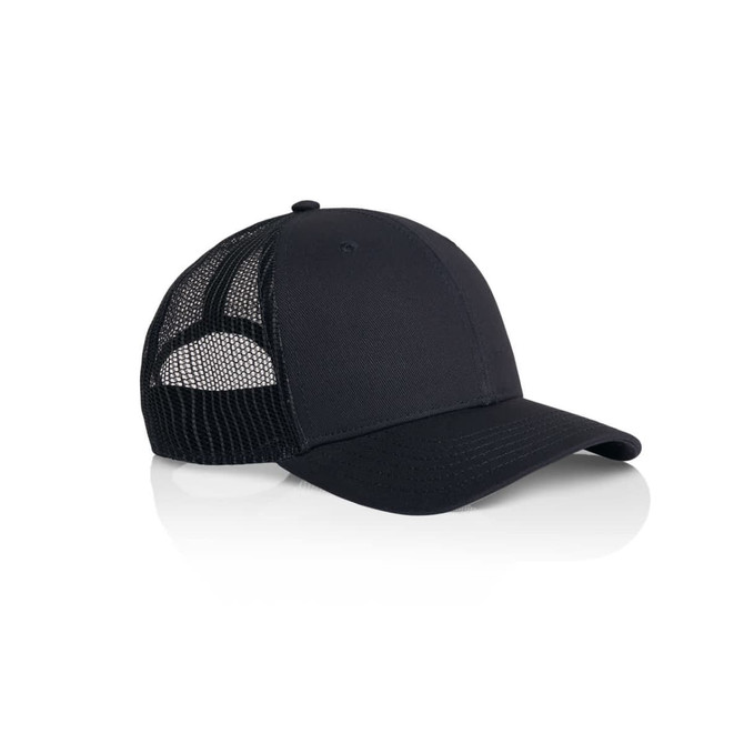 A black trucker cap featuring a mesh back and a solid front panel, designed for casual wear.