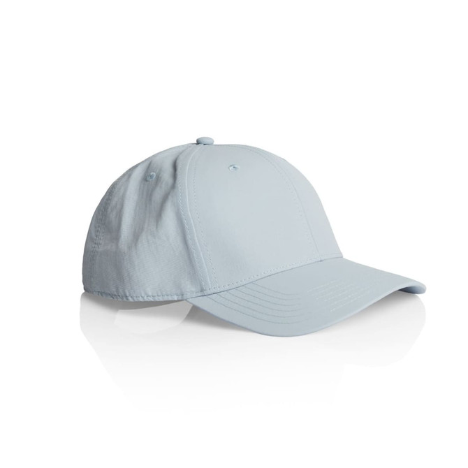 A light blue nylon cap, featuring a curved brim and a logo on the side.