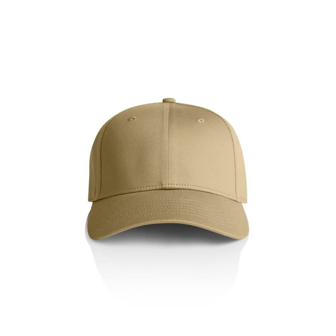 A beige cap with a curved brim and six-panel construction, featuring an embroidered logo.