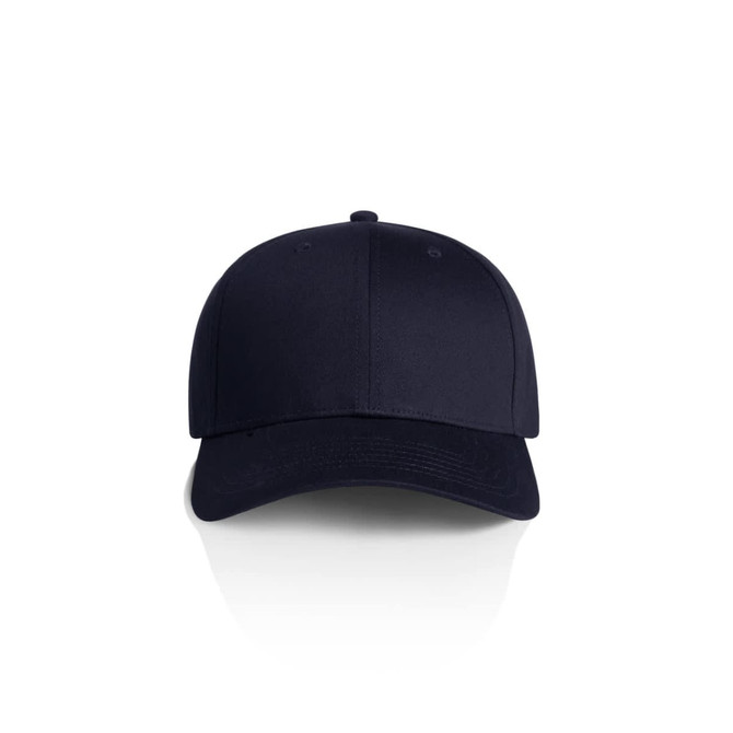 A navy blue cap featuring a structured design and a logo on the front.