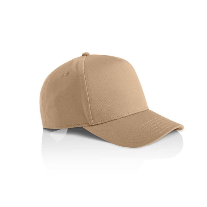 A beige cap with a curved brim and a decorative logo on the front.