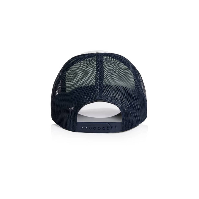 A two-tone trucker cap featuring a navy mesh back and an adjustable strap. The cap has a logo on the back.