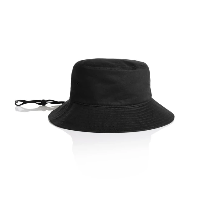 A black wide brim bucket hat featuring a chin strap and a logo on the side.