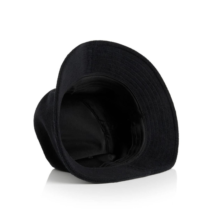 A black Terry Bucket Hat with a wide brim, featuring a logo on the inside.