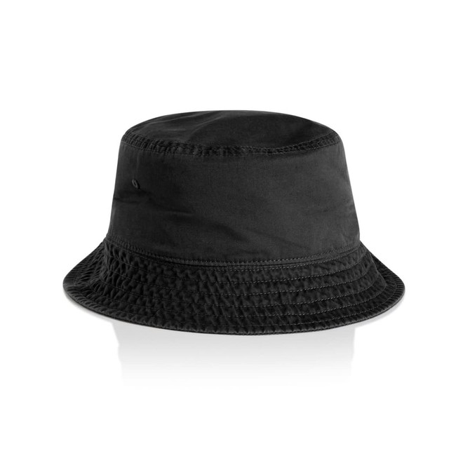 A black faded bucket hat featuring a textured brim and subtle branding.