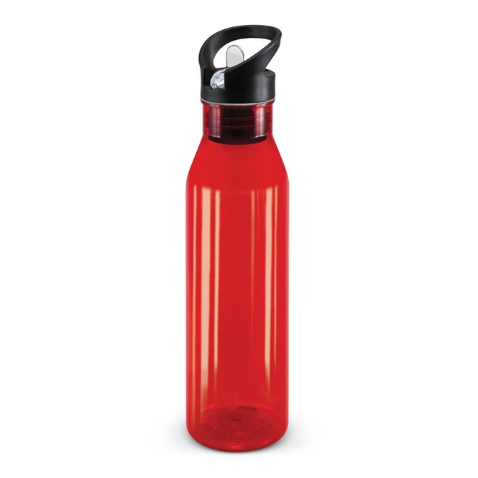 A drink bottle with a translucent red body and black lid.