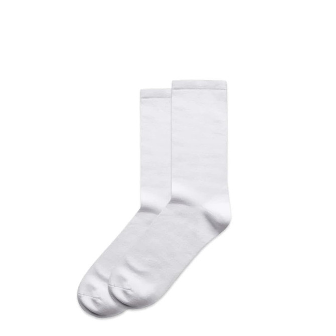 Two pairs of white business socks, featuring a smooth texture and mid-length design, with a logo on one pair.