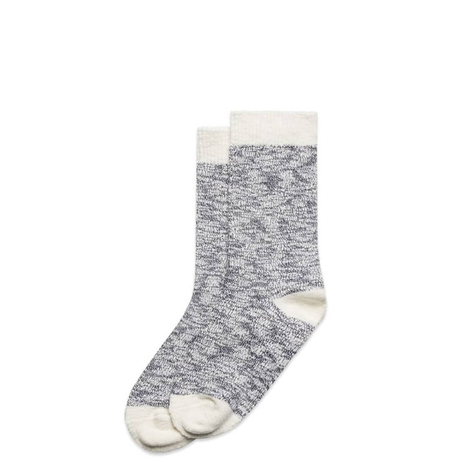 Two pairs of knitted slub socks in grey with cream accents, featuring a logo on the cuff.
