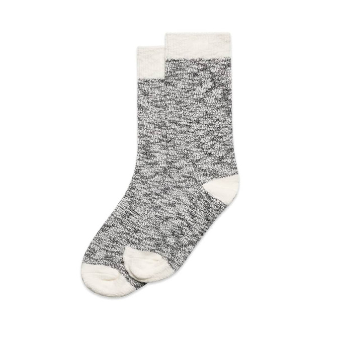 A pair of grey and cream slub socks displayed together, featuring a textured pattern and contrasting cuffs.