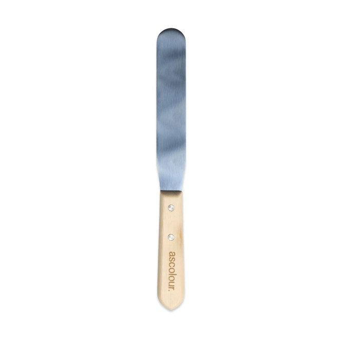 A stainless steel palette knife with a wooden handle, featuring a logo on the handle.