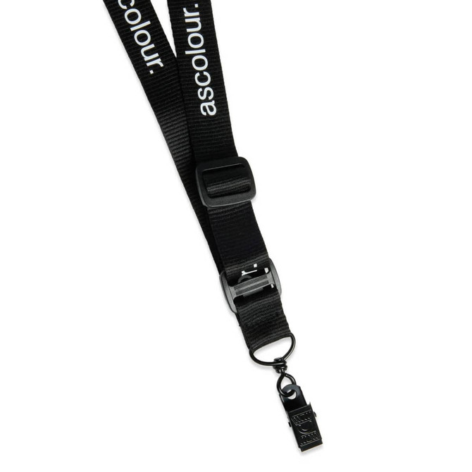 A black lanyard with a clip attachment and a branding logo. Suitable for exhibitions and events.