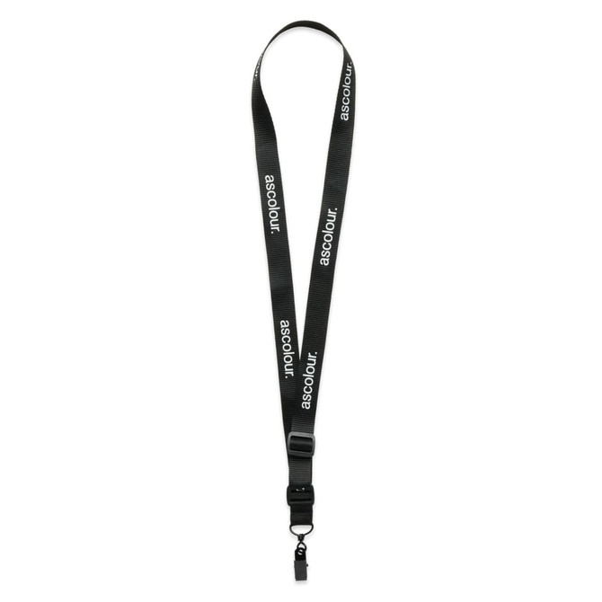 A black lanyard featuring a logo, designed for holding ID cards or event passes, from ASC Lanyard.