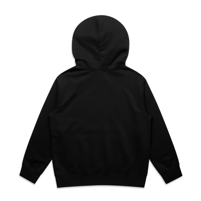 A black youth relax hoodie featuring a hood and long sleeves with a logo.